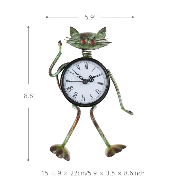 Small Cat Desk Clock Handmade Vintage Metal Cat Figurine Decorative Table Animal Clock