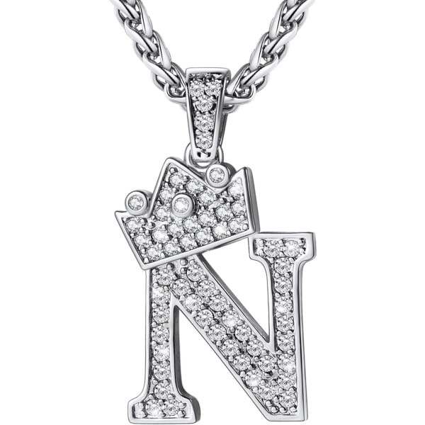 Krone Initial A-Z Halskjede, Iced Out Bokstavanheng med 22-24 Tommers Kjede, Menn Kvinner Bling Hip Hop Alfabet Navn Smykker Gave Store Initialer Halskjeder N Silver