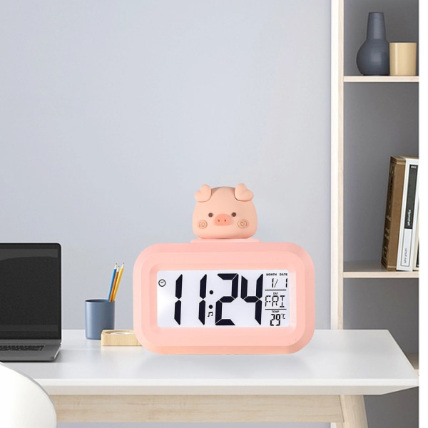 Elektronisk klocka Söt tecknad LED-skärm Desktop Elektronisk larm Data Tidskalender Temperaturklocka Pink