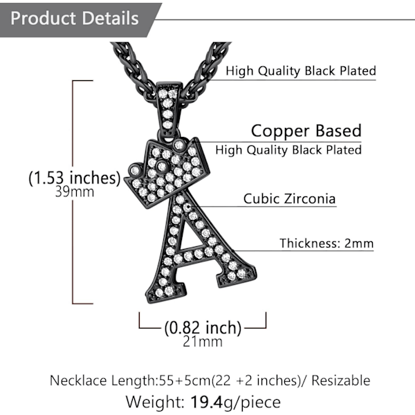 Krone Initial A-Z Halskjede, Iced Out Bokstavanheng med 22-24 Tommers Kjede, Menn Kvinner Bling Hip Hop Alfabet Navn Smykker Gave Store Initialer Halskjeder A Black