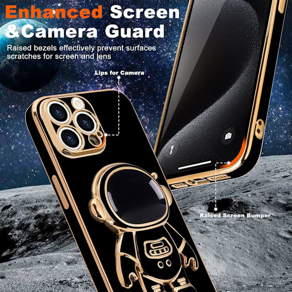 För iPhone 15promax Skal, Sött 3D Astronaut Ställ med [2 Skärmskydd] [Kameraskydd] Stötsäkert Bling Silikon S black