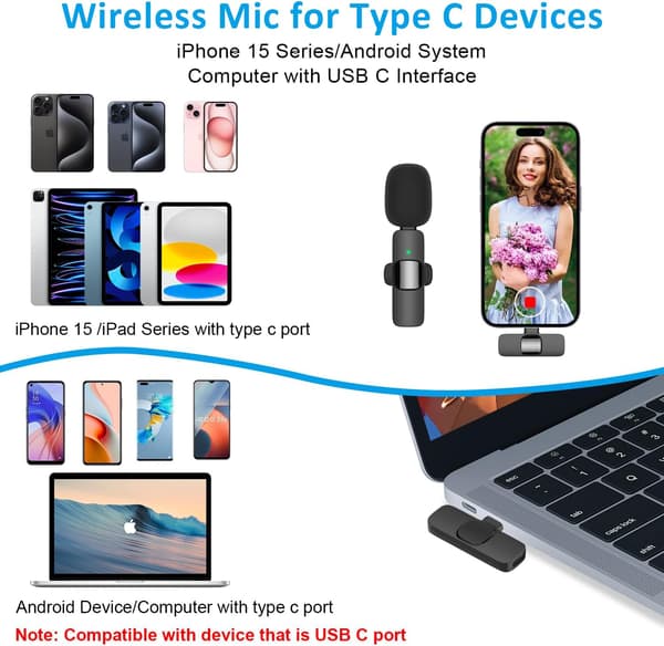 Trådløs Lavalier Lapel Mikrofon for iPhone 15-serien/Android/Datamaskin - Bluetooth Mini Telefonmikrofoner - 2 Klipsmikrofoner med USB C-grensesnitt