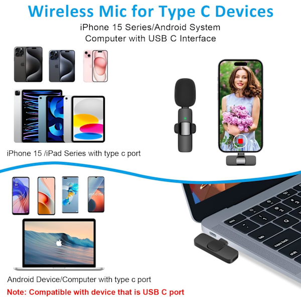 Trådløs Lavalier Lapel Mikrofon til iPhone 15 Serie/Android/Computer - Bluetooth Mini Telefon Mikrofoner - 2 Klipsmikrofoner med USB C Interface