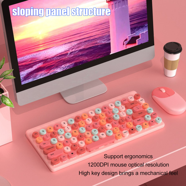 USB-tastatur og -mus, trådløs, sød blandingsfarve, 86 taster, retro, rund, konkav tastehætte, 1200 DPI gaming-tastatur og -mus, pink