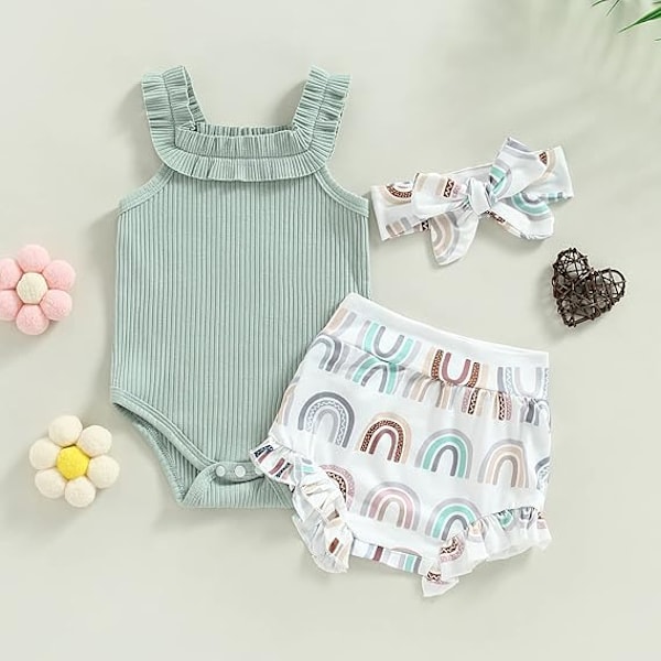 Babykläder Flicka Sommar Söta Kläder 12 18 Månader Spaghettiband Romper & Blommiga Shorts Set green 90CM