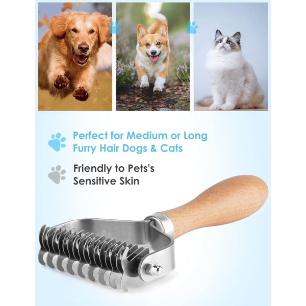 Kjæledyrpleiebørste, 2-sidig underullsrive for hunder og katter, sikker avmattende kam og rensingsverktøy for fjerning av mattet hår/floker, reduserer avfall