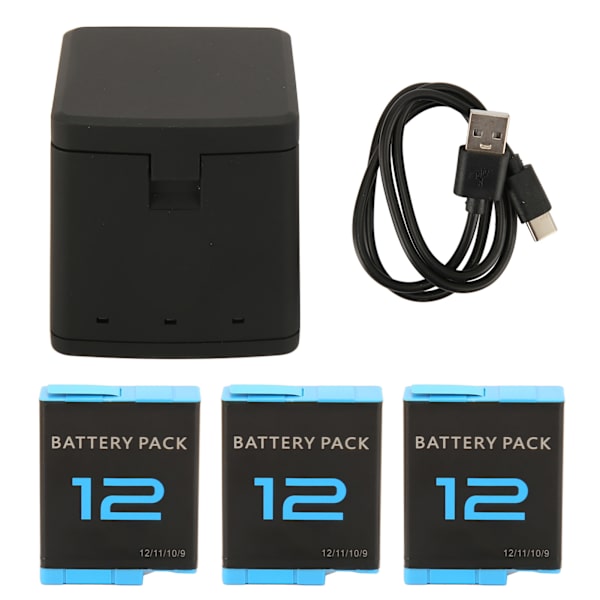 Actionkamera Batterilader 3 Kanals Oppbevaring Lading med 3stk 1800mAh Oppladbare Litium Ion Batteri