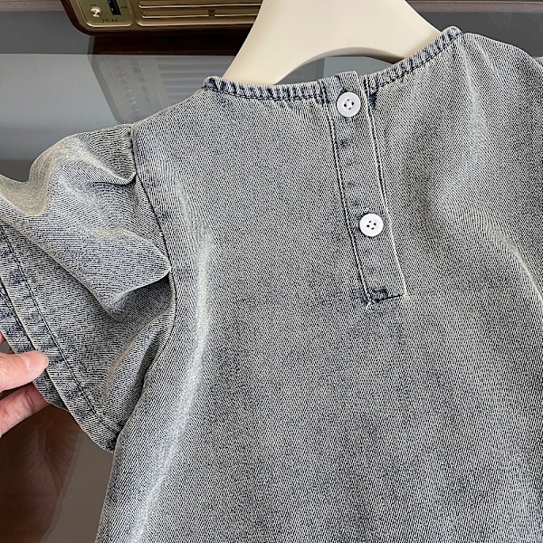 Sommarklänningar i denim för flickor i koreansk stil 2-4 år, kort trumpetärm, plisserad mjuk denimklänning, barnkläder 80cm