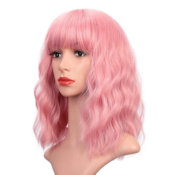Rosa peruker för kvinnor, pastellfärgad vågig peruk med luftlugg, vågiga lockiga peruker syntetisk kort axellång peruk, värmebeständig fiber cosplay peruker