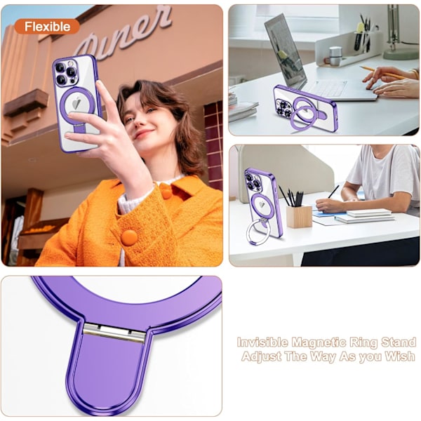iPhone 15 Pro Max Skal med Osynlig Magnetisk Ringstativ [Kompatibelt med MagSafe] [Fullständigt Kameralinsskydd] Pläterad Klar för Purple