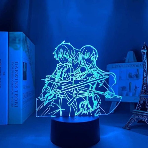 3D Nattelys Illusions Neon LED Dekorativ Lys USB Anime Lys Sværd Kunst Online Kirito og Asuna (16 Farger med Fjernkontroll)