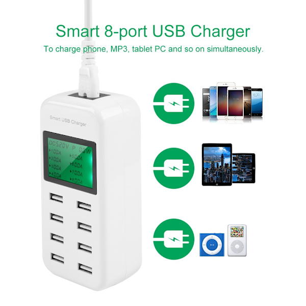 5V/8A Output Smart 8-port USB-oplader Samtidig 8-port opladning Smart USB-hub med LED