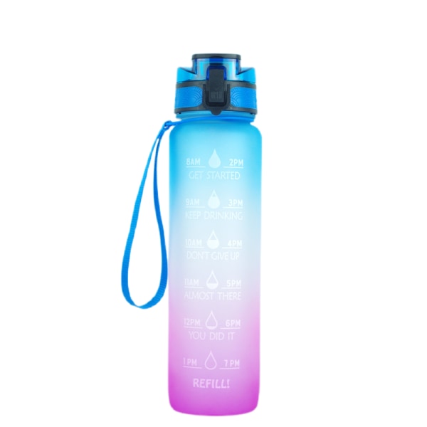 32oz motiverande vattenflaska med tidsmarkör ， 1 l flaska med bärrem, perfekt för fitness, gym och utomhussporter （Gradient blått pulver）