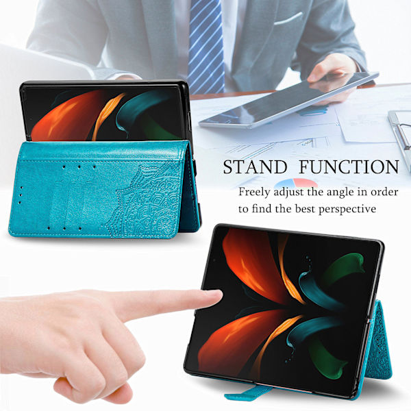 Plånboksfodral för Samsung Galaxy Z Fold 4, präglat läderfolio-flipfodral med handledsskydd, stötsäkert fodral med kortplatser