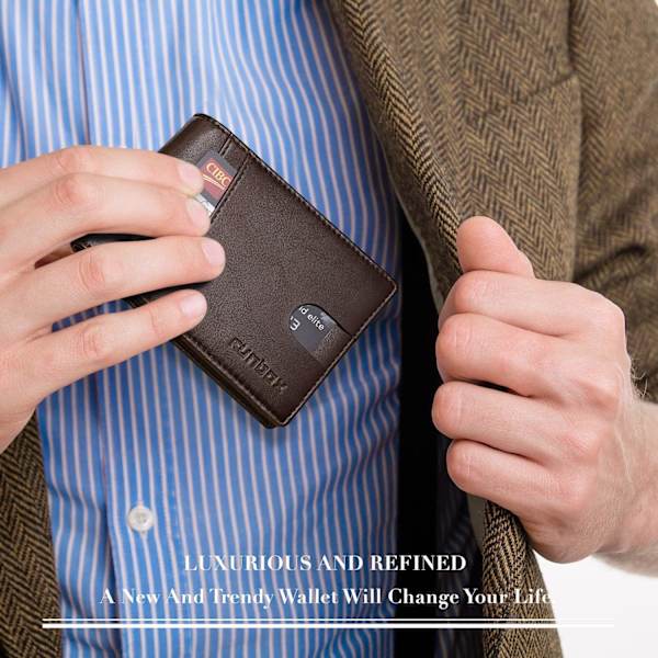 Herr Läder Bifold Stilren Plånbok för Män 15 Fack RFID-Blockering med 2 ID-Fönster Presentförpackning Classic Coffee