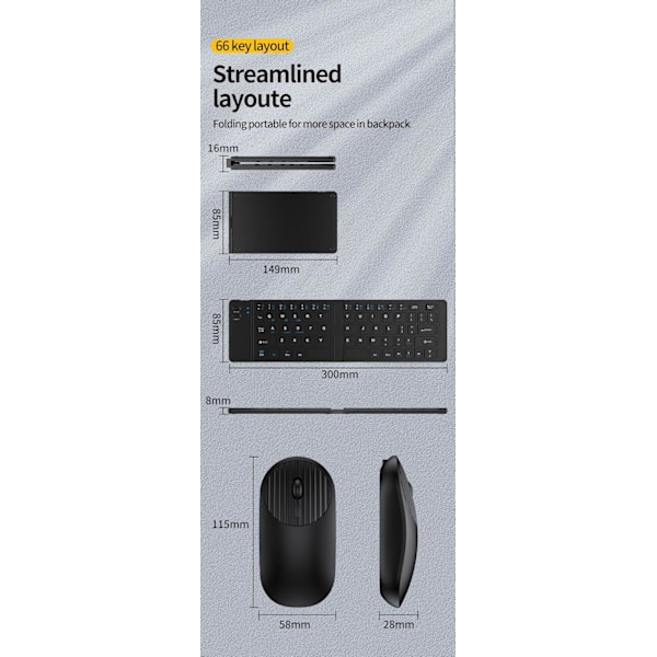 Foldbar Tastatur og Mus Combo, Bluetooth Bærbar Tastatur, Genopladelig Bærbar Rejse til iOS Android Windows Mac OS, Understøtter 3 Enheder