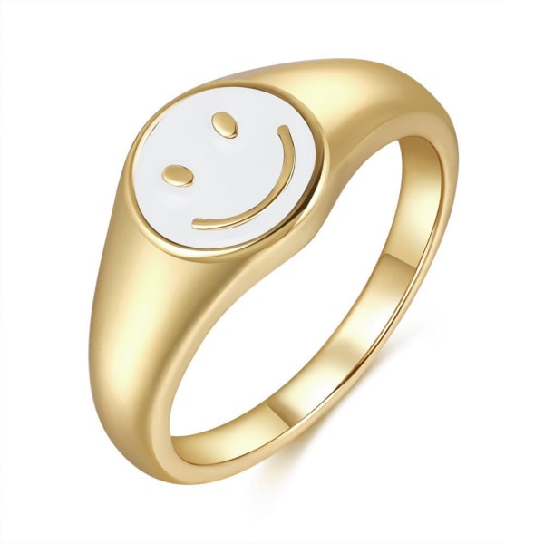 AVEKI Guld Smiley Ansigtsring Signet, Vintage Gyldne Gaver Smykker, Æstetiske Søde Smil Statement Ringe Til Kvinder Piger, Hvid, Størrelse: 9