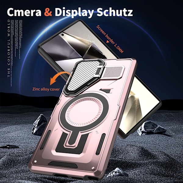 Samsung GaIaxy S24plus Cover med Kamerabeskyttelse & Trådløs Opladning, Flerlags Militær Kraftig Fuld Krops Robust Stødsikker Hårdt Cover Rose Gold