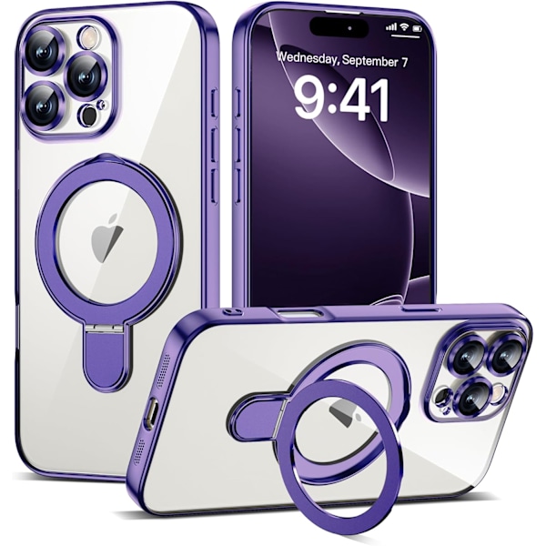 Kompatibelt med iPhone 16promax Skal med Magnetisk Ringstativ [Kompatibelt med Mag-Safe] [Fullständigt Kameralinsskydd] Pläterad Klar Purple