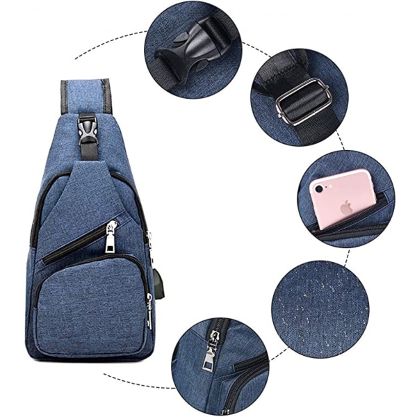 Slingväska, bröstväska med USB laddningsport, lätt crossbody-väska för män och kvinnor för vandring, cykling, resor