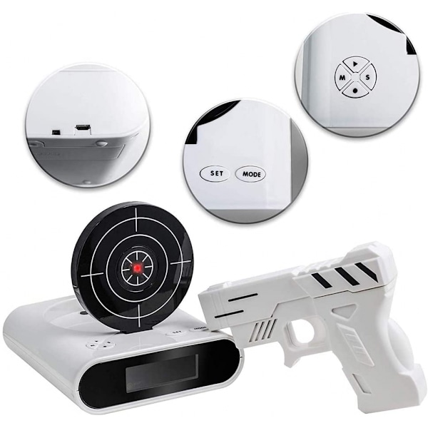 Target väckarklocka, kreativ pistolskjutande väckarklocka med personlig 12-timmars digital display, lämplig för sömnare, för pojkar och flickor (Vit)