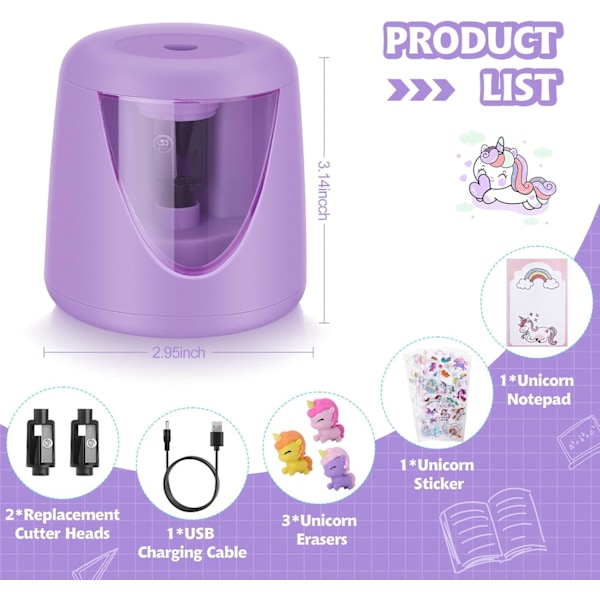 Elektriske blyantspissere for barn, søt liten fargeblyantspisser for hjemmeklasserom, elektrisk blyantspisser med ledning, med PURPLE