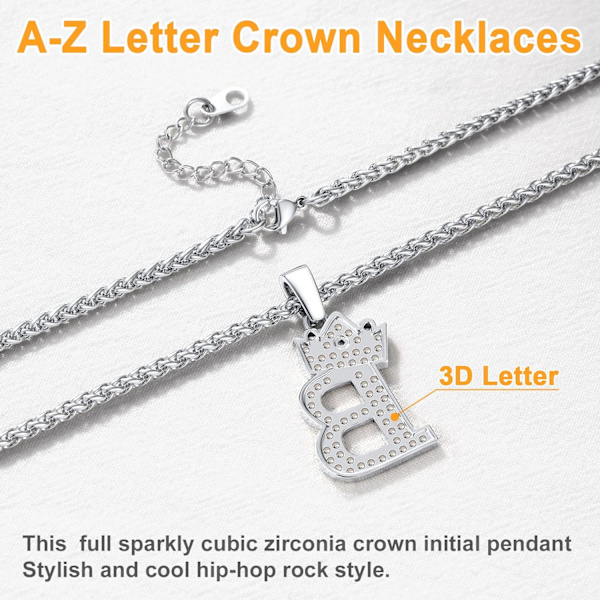 Krona Initial A-Z Halsband, Iced Out Letter Hänge med 22-24 Tums Kedja, Män Kvinnor Bling Hip Hop Alfabet Namn Smycken Present Stora Initialer Halsband B Silver