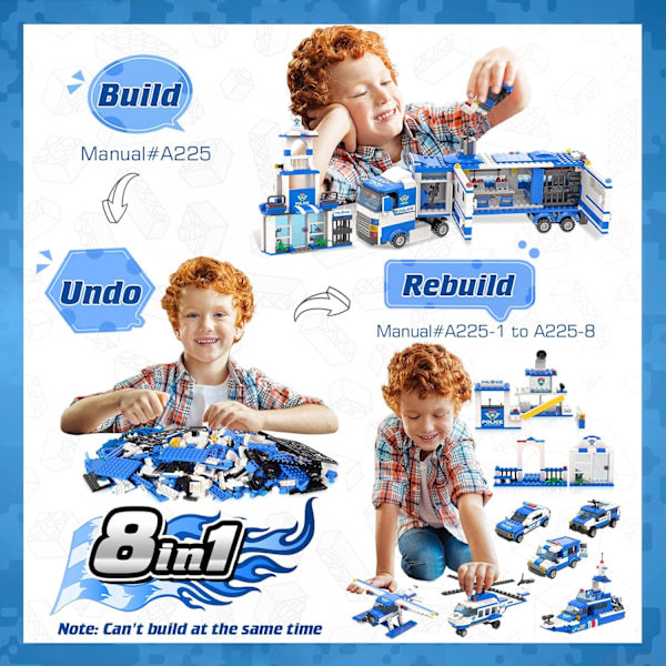 WishaLife 8 i 1 City Police Mobile Command Center Truck Toy Building Set, med politistasjon leketøy, politibil leketøy, helikopter leketøy, båt leketøy