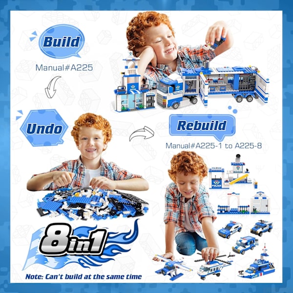 WishaLife 8 in 1 City Police Mobile Command Center Truck Toy Building Set, with Police Station Toy, Police Car Toy, Helicopter Toy, Boat Toy