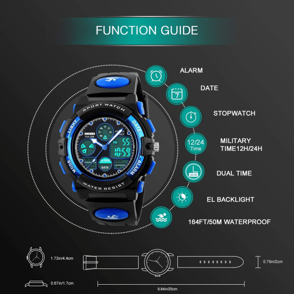 Digital Sportsklokke for barn, vanntett utendørs klokke for gutter og jenter, elektronisk analog kvartsklokke med alarm stoppeklokke (blå)
