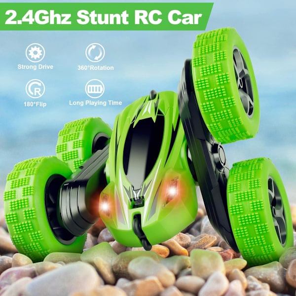 Fjärrkontrollbil, RC-bilar Stuntbil Leksak, 4WD 2.4Ghz Dubbelsidig 360° Roterande RC-bil med strålkastare, Barnens Jul Leksaksbilar för Pojkar/Flickor (Grön)