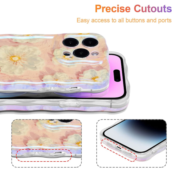 Deksel til iPhone 16promax, Fargerik Retro 0iI Maleri Trykt Blomst Laser Glanset Mønster Søt Krøllete Bølgekant Utsøkt Stilig Du Light Pink