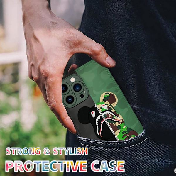 iPhone 13 Pro Max Cover - Sjovt Camo Haj Bjørn Design til Drenge Piger, Cool ArmyGreen Tegneserie 3D Mønster Gade Mode Stødsikker Anti-Scratch Fuld Bo