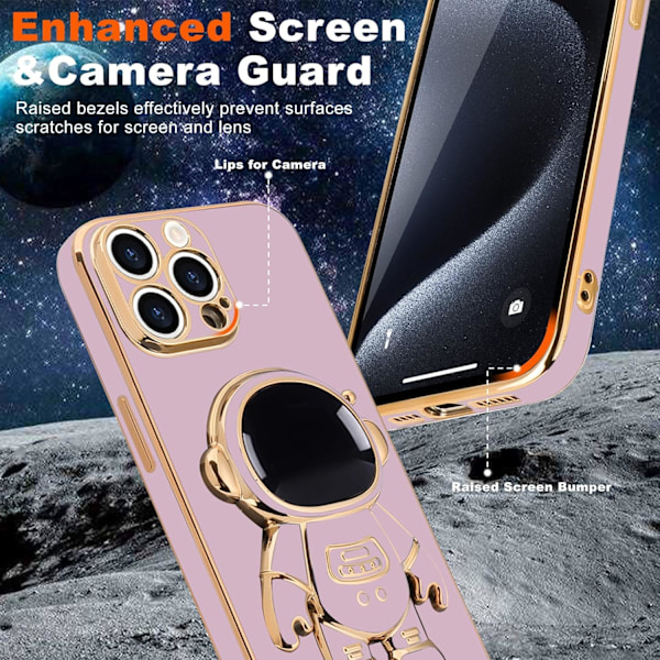 For iPhone 15promax-deksel, Søtt 3D Astronaut-stativ med [2 skjermbeskyttere] [Kamerabeskyttelse] Støtte Shockproof Bling Silikon S Purple