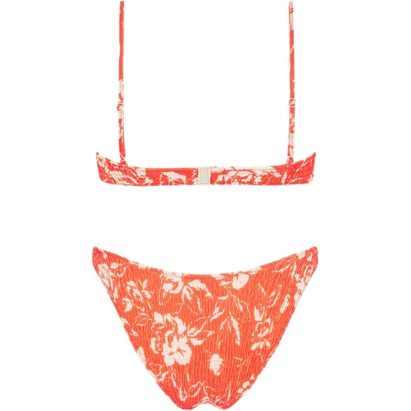 WJSM Kvinde Trekantet Bikini Smocked Tekstureret Scoop Flæset Print Ruched Elastisk Badedragt Todelt Badedragt Red L