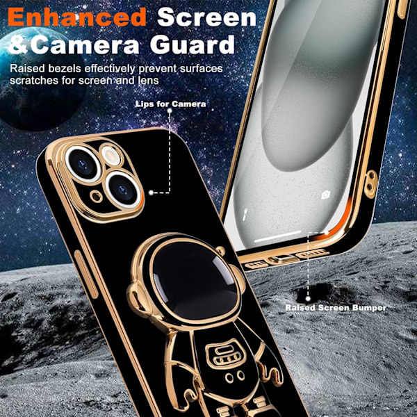 För iPhone 15plus Skal, Söt 3D Astronaut Stativ med [2 Skärmskydd] [Kameraskydd] Stötsäkert Bling Silikon Mjukt Fodral black