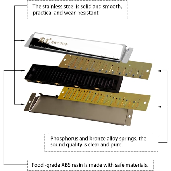 Silver - 24 Hål Tremolo Munspel Polyfoni Diatonisk C-Nyckel 24 Hål Professionell Munspel Nybörjare Barn Aldults Tremolo Munspel