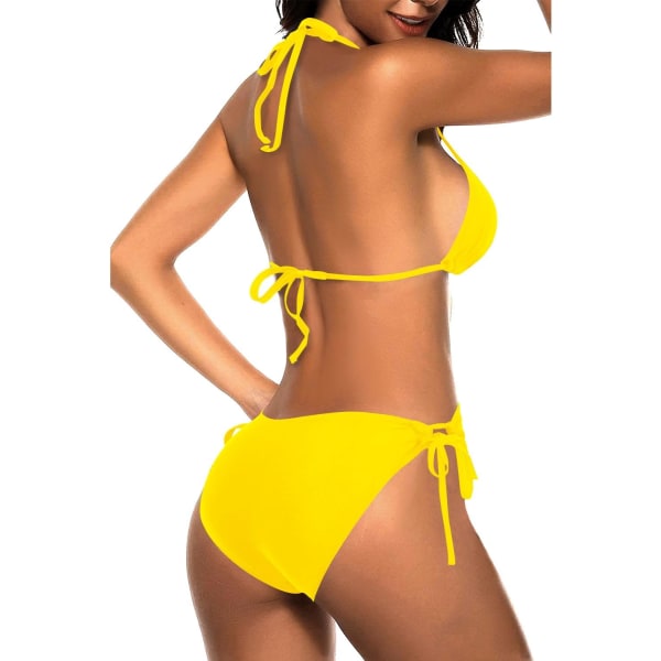 WJSM Kvinners Triangle Bikini Sett Halter Todelt Sexy Badedrakt String Tie Side Badetøy Deep Yellow L