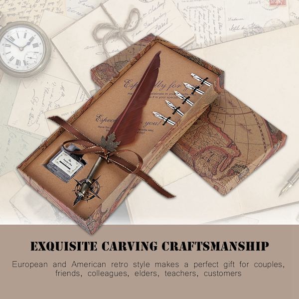 Europeisk Retro Quill Legering Fjäder Skrivande med Pennnibbar Presentask Set Med Bläckflaska Brun