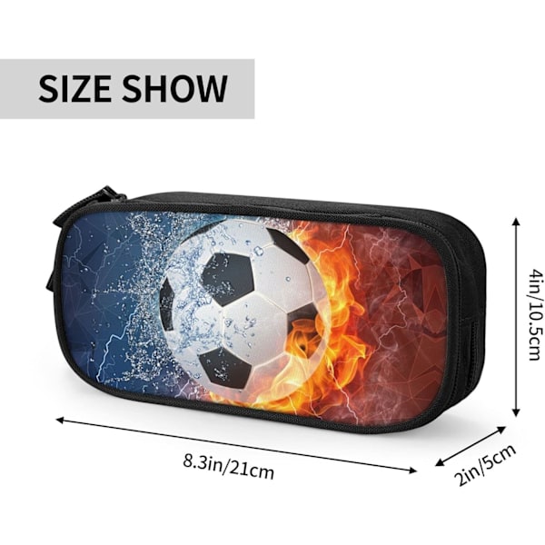 Sporttema Pennfodral med Fotboll för Pojkar Flickor, Stor Kapacitet Svart Pennpåse, Cool Pennväska med Dragkedja Bärbar Resa Soccer Water Fire