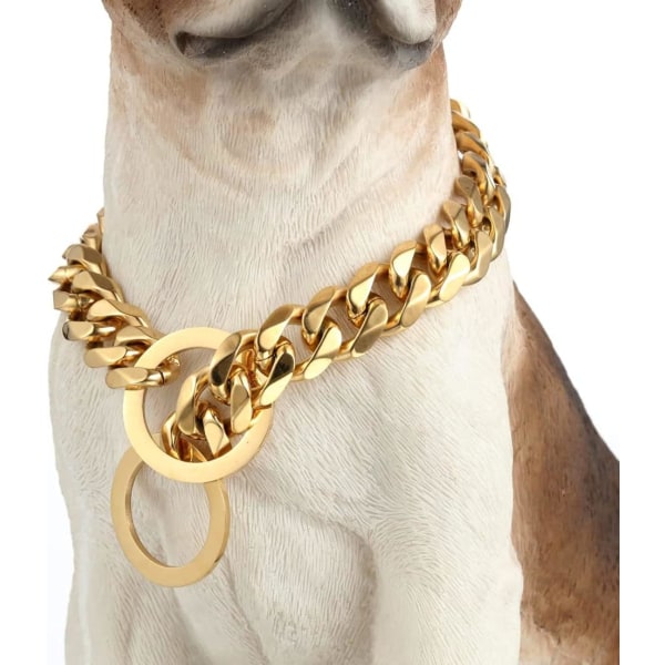 Guld Hundhalsband 18K Guld P Kedja 15mm Kubansk Kedjelänk Halsband Promenad Träning Liten till Medelstor Hund 12\"