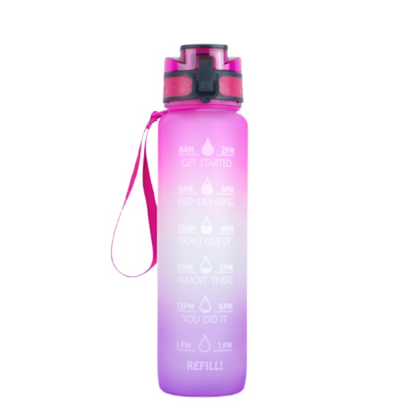32oz Motiverande Vattenflaska med Tidsmarkör, 1l Flaska med Bärrem, Perfekt för Fitness, Gym och Utomhussporter (Gradient rosa lila)