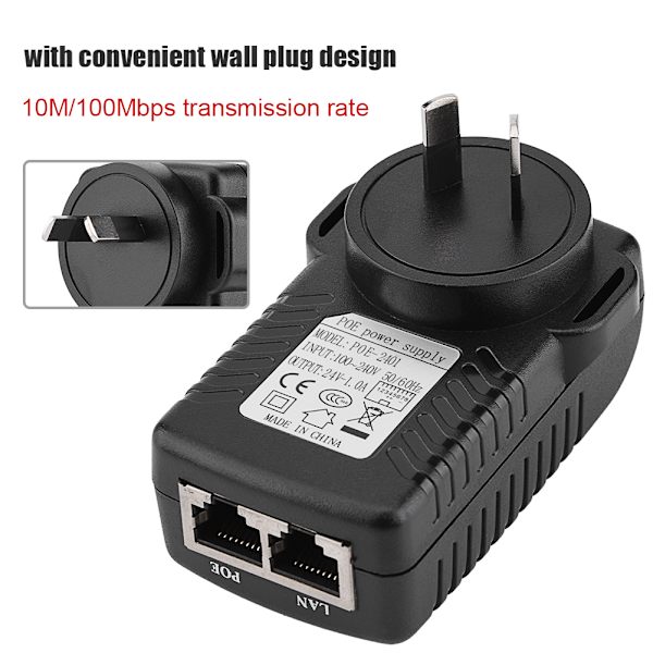 Veggkontakt POE-injektor Ethernet-adapter IP-telefon/kamera strømforsyning   24V 1A