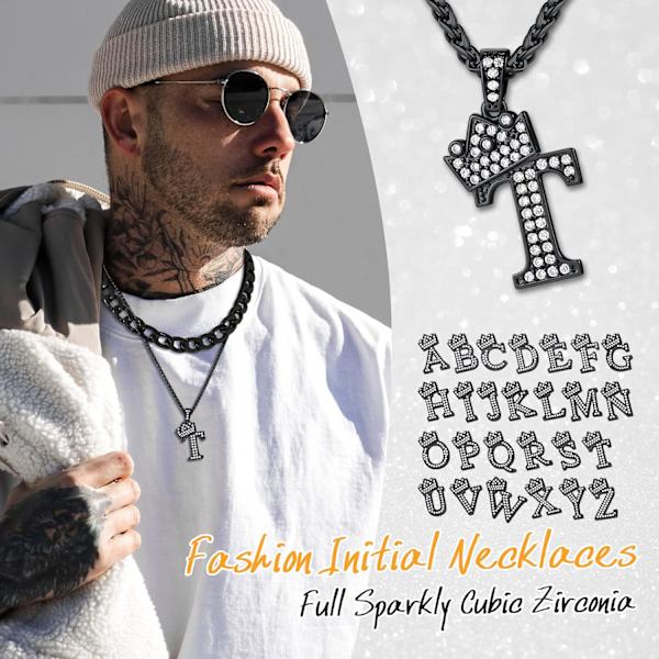 Krone Initial A-Z Halskjede, Iced Out Bokstavanheng med 22-24 Tommers Kjede, Menn Kvinner Bling Hip Hop Alfabet Navn Smykker Gave Store Initialer Halskjeder T Black