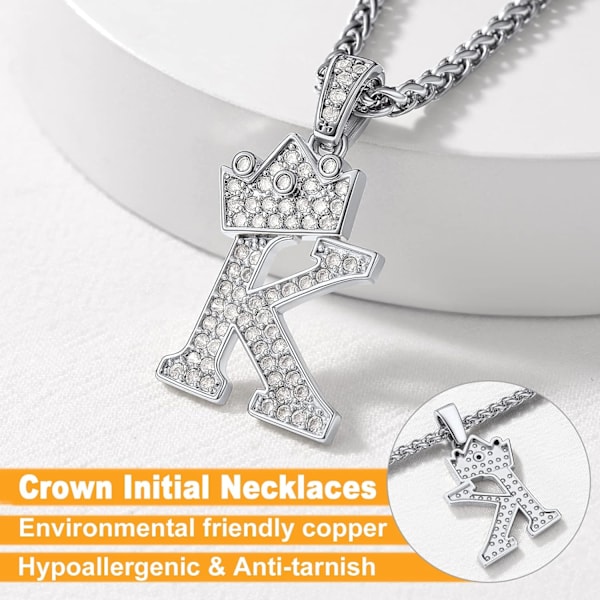 Krone Initial A-Z Halskjede, Iced Out Bokstavanheng med 22-24 Tommers Kjede, Menn Kvinner Bling Hip Hop Alfabet Navn Smykker Gave Store Initialer Halskjeder K Silver