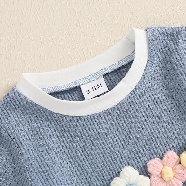 Sommarkläder för små flickor, våfflad topp med 3D-blommor, kortärmad, shorts med resår i midjan, söta babykläder blue 3-4Y