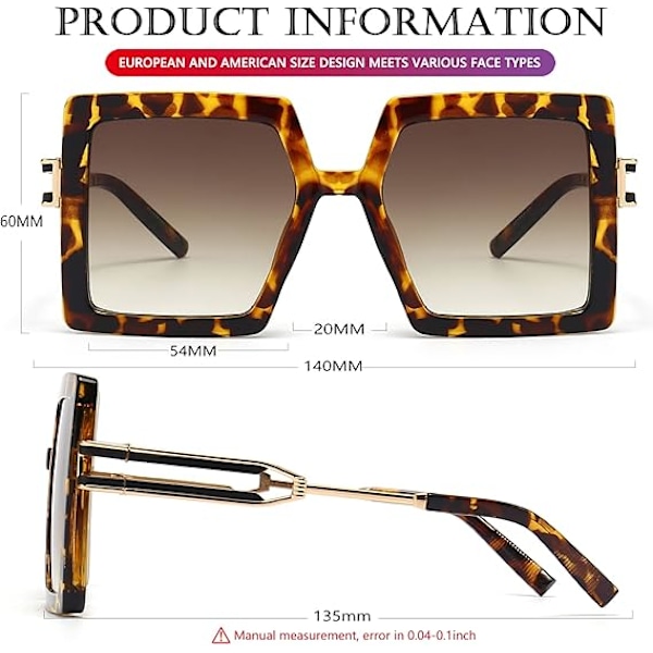 Oversized solbriller for kvinner, firkantet mote, store rammer, solbriller med UV400-beskyttelse Leopard/Brown Gradient