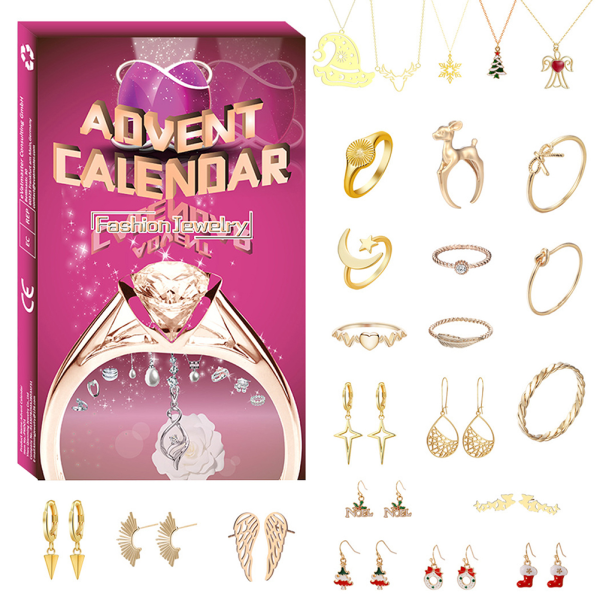 Juladventskalender 2022 för tjejer med 24 smycken Charm Halsband Armband Örhängen Ringar Julnedräkningskalendrar för barn
