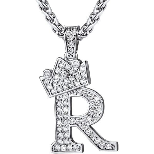 Krone Initial A-Z Halskæde, Iced Out Bogstav Vedhæng med 22-24 Tommer Kæde, Mænd Kvinder Bling Hip Hop Alfabet Navn Smykker Gave Store Initialer Halskæder R Silver