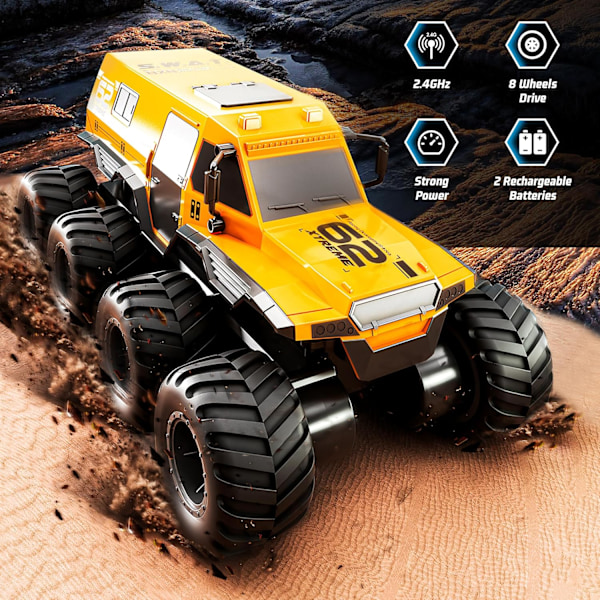 Kauko-ohjattava auto, 1:12 mittakaavan RC-kuorma-auto 8 pyörää 2,4 GHz:n RC-ryömijä pojalle, maastoajoneuvo, vedenpitävät sähkölelut 2 ladattavalla akulla